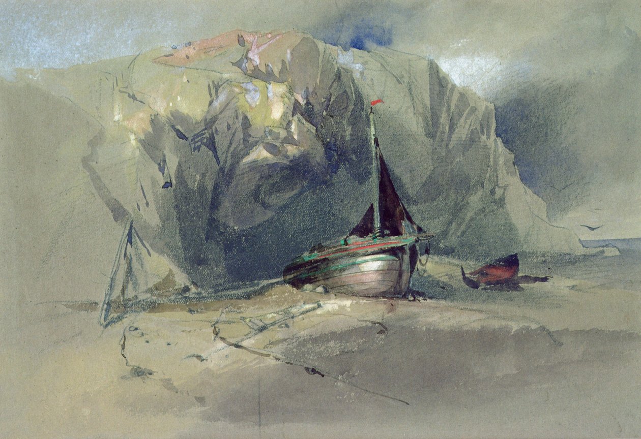 Ein Fischerkutter und ein kleines Boot am Ufer unter einer felsigen Klippe, 19. Jahrhundert von Henry Bright
