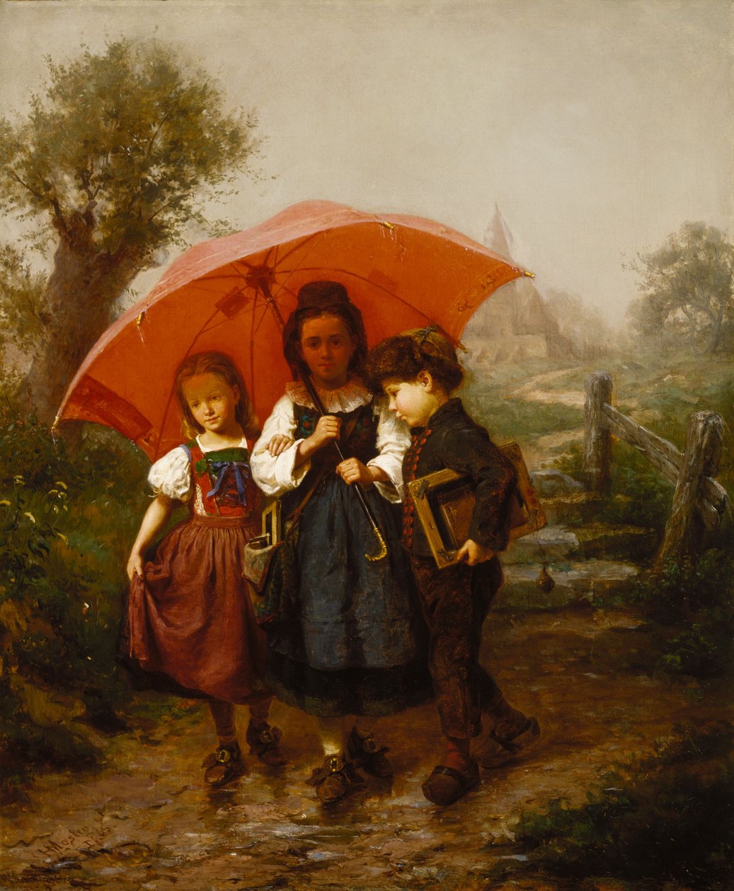 Kinder unter einem roten Regenschirm von Henry Mosler