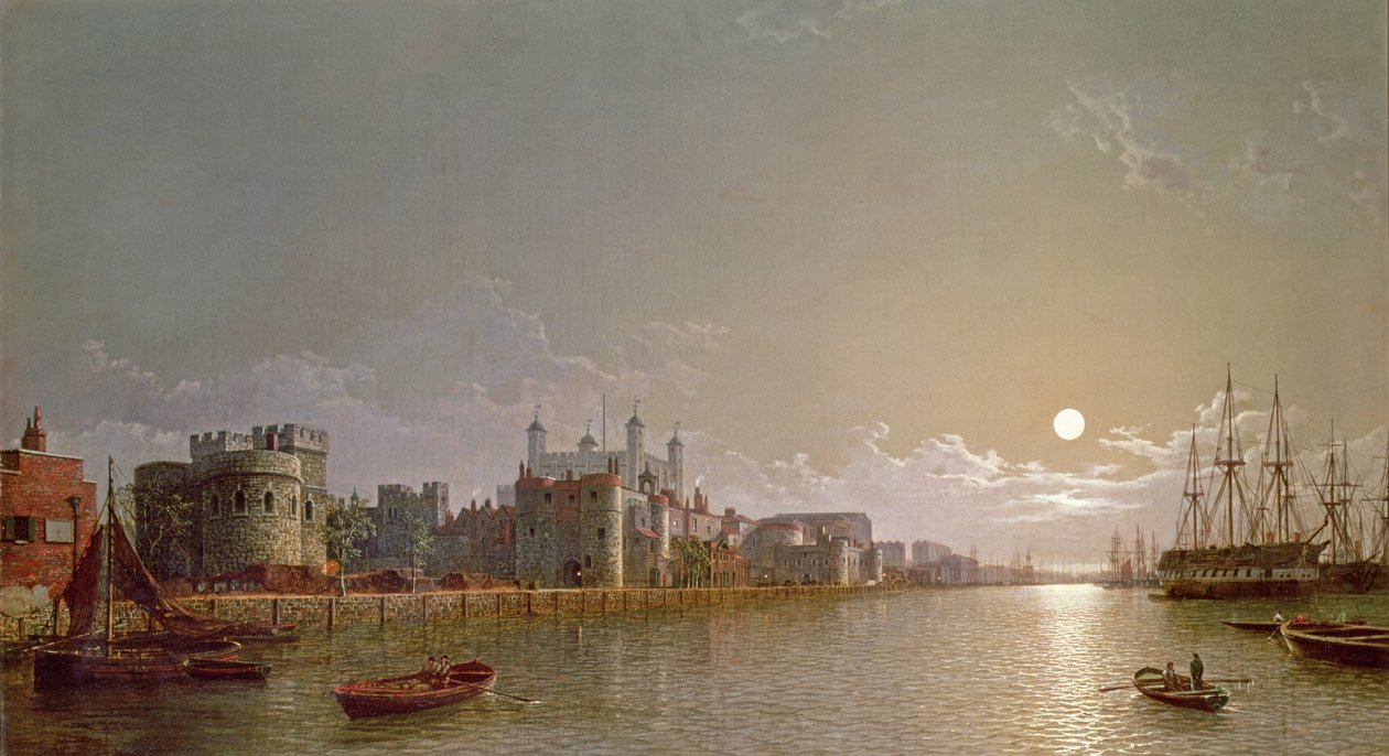 Die Themse bei Mondschein mit dem Verrätertor und dem Tower of London von Henry Pether