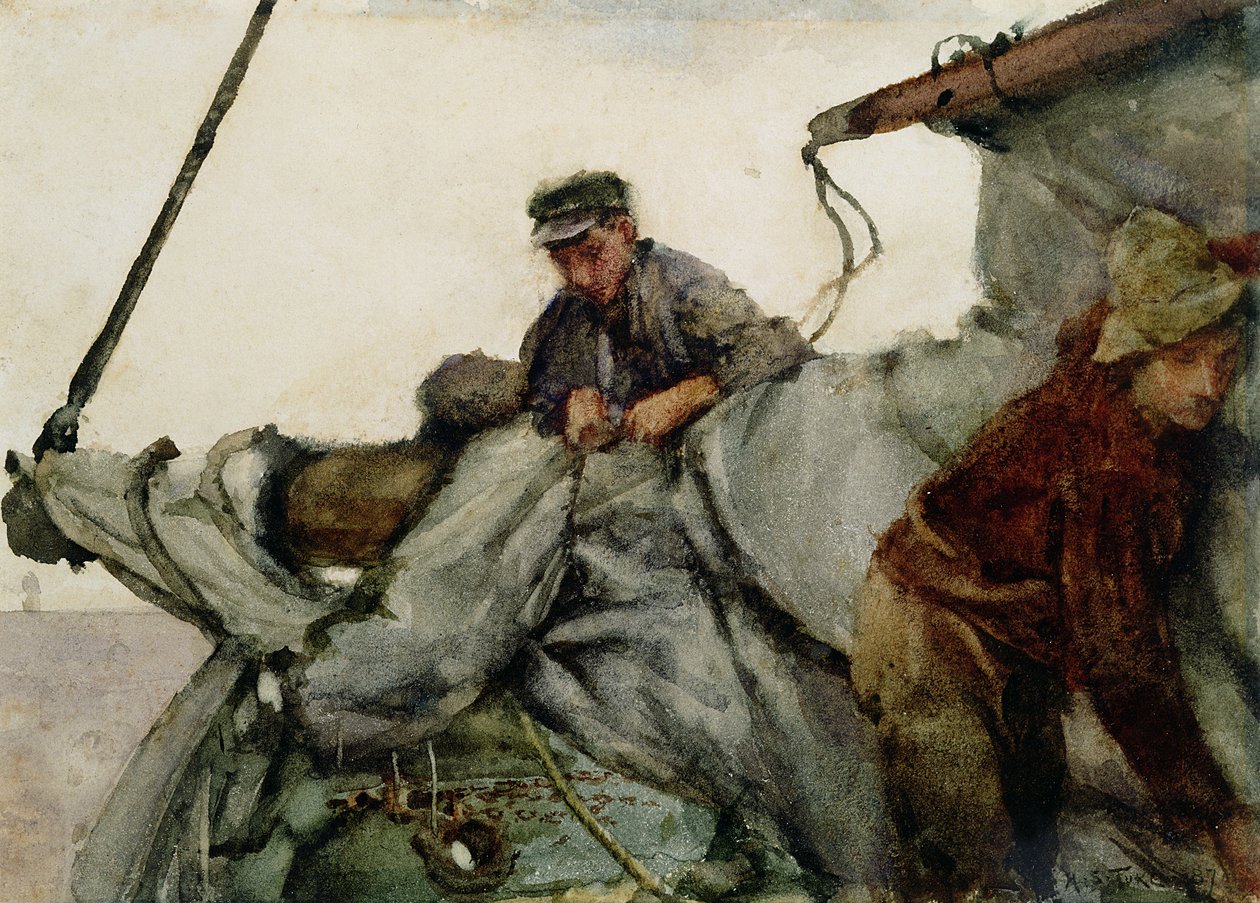 Arbeiten am Segel, 1887 von Henry Scott Tuke