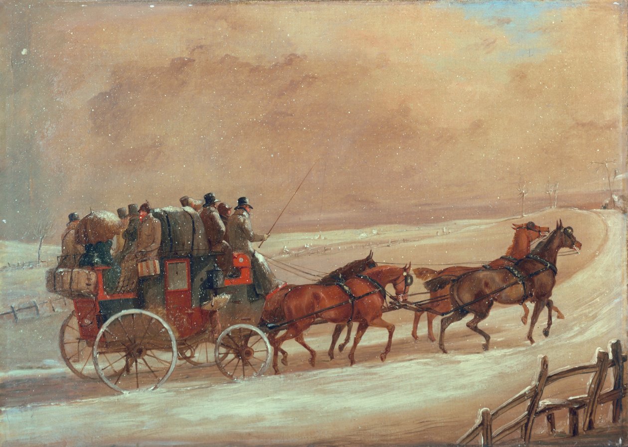 Manchester - London Kutsche im Winter, ca. frühes 19. Jahrhundert von Henry Thomas Alken