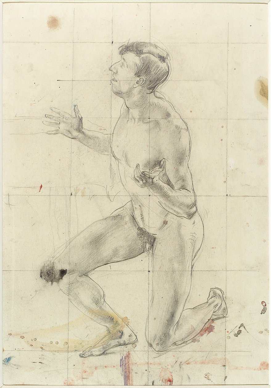 Studie eines knienden nackten Mannes, nach links gewandt von Henry Tonks