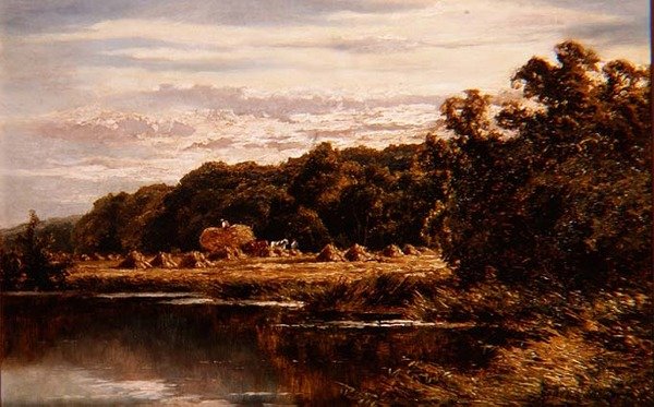 Erntearbeiter auf einem Feld an einem Fluss von Henry Parker