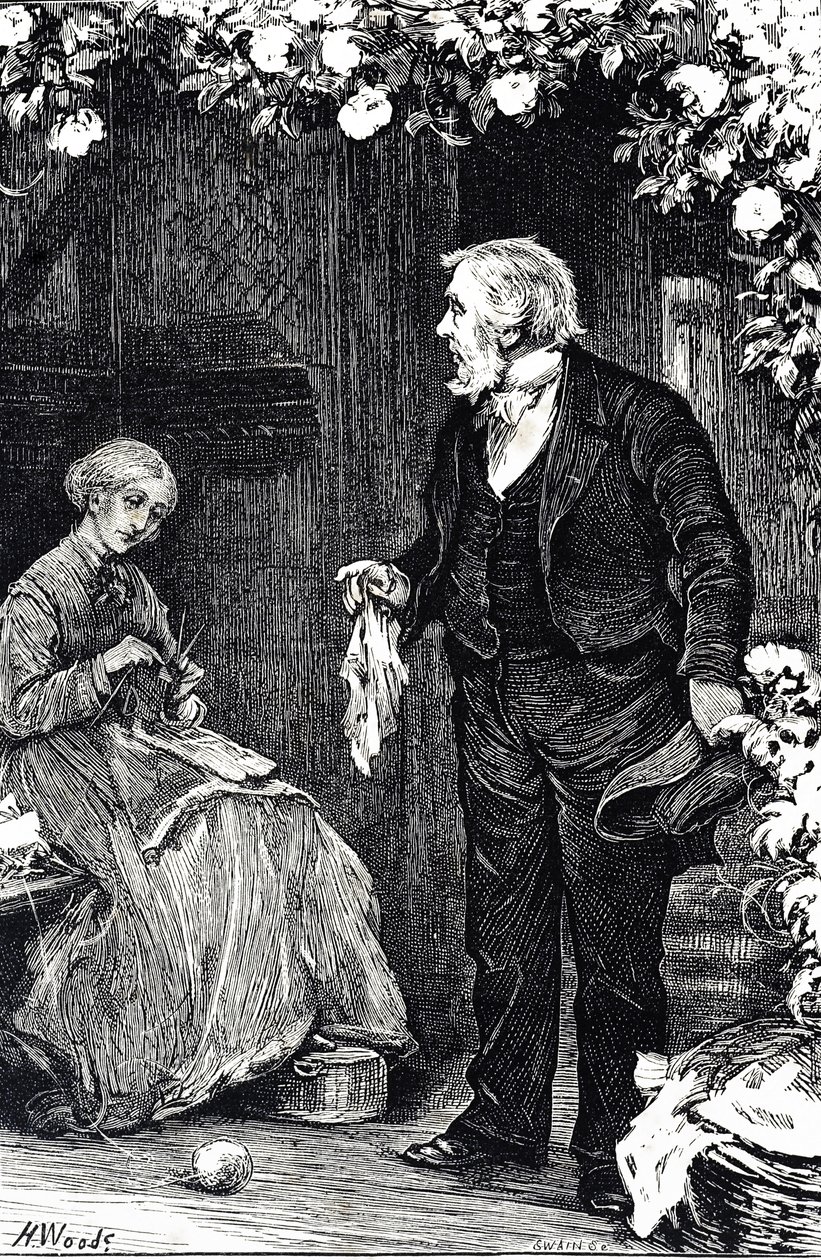 Gravur, die eine Frau beim Stricken darstellt von Henry Woods