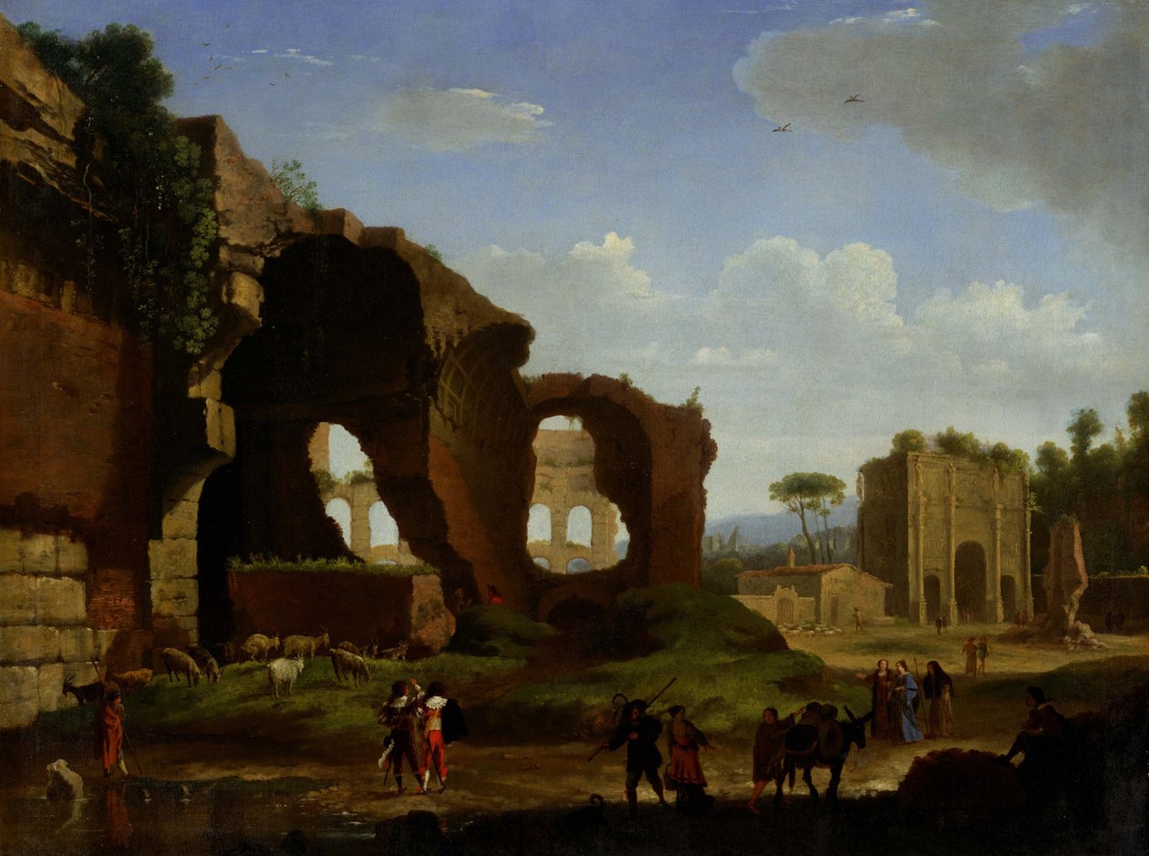 Eine römische Ansicht der Ruinen des Tempels der Venus und Rom mit dem Kolosseum und dem Konstantinsbogen von Herman van Swanevelt