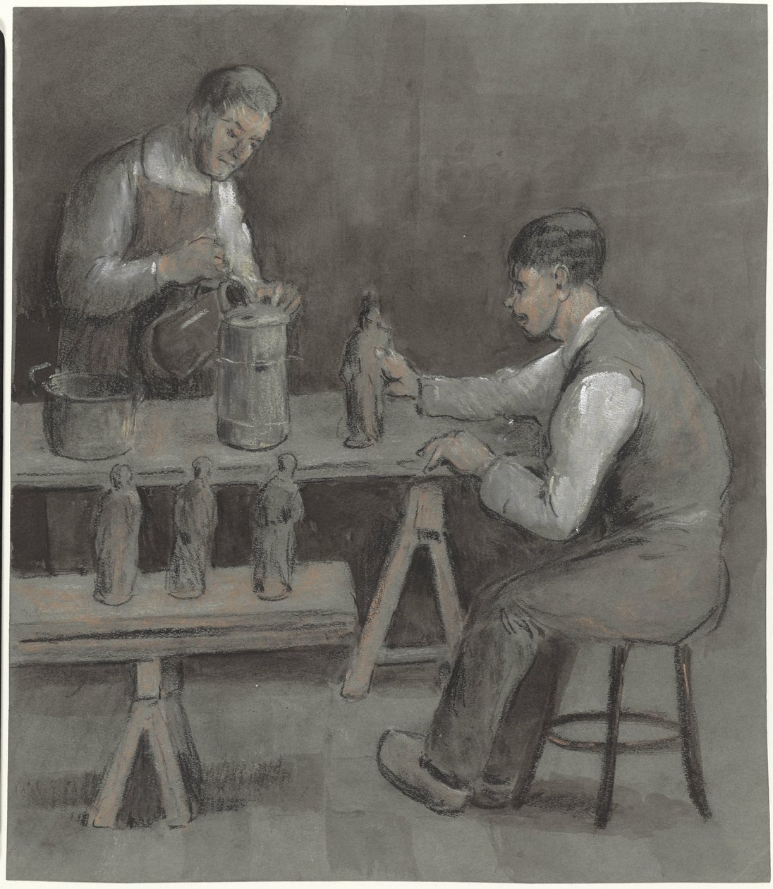 Zwei Arbeiter bei der Herstellung von Figuren von Herman Heijenbrock