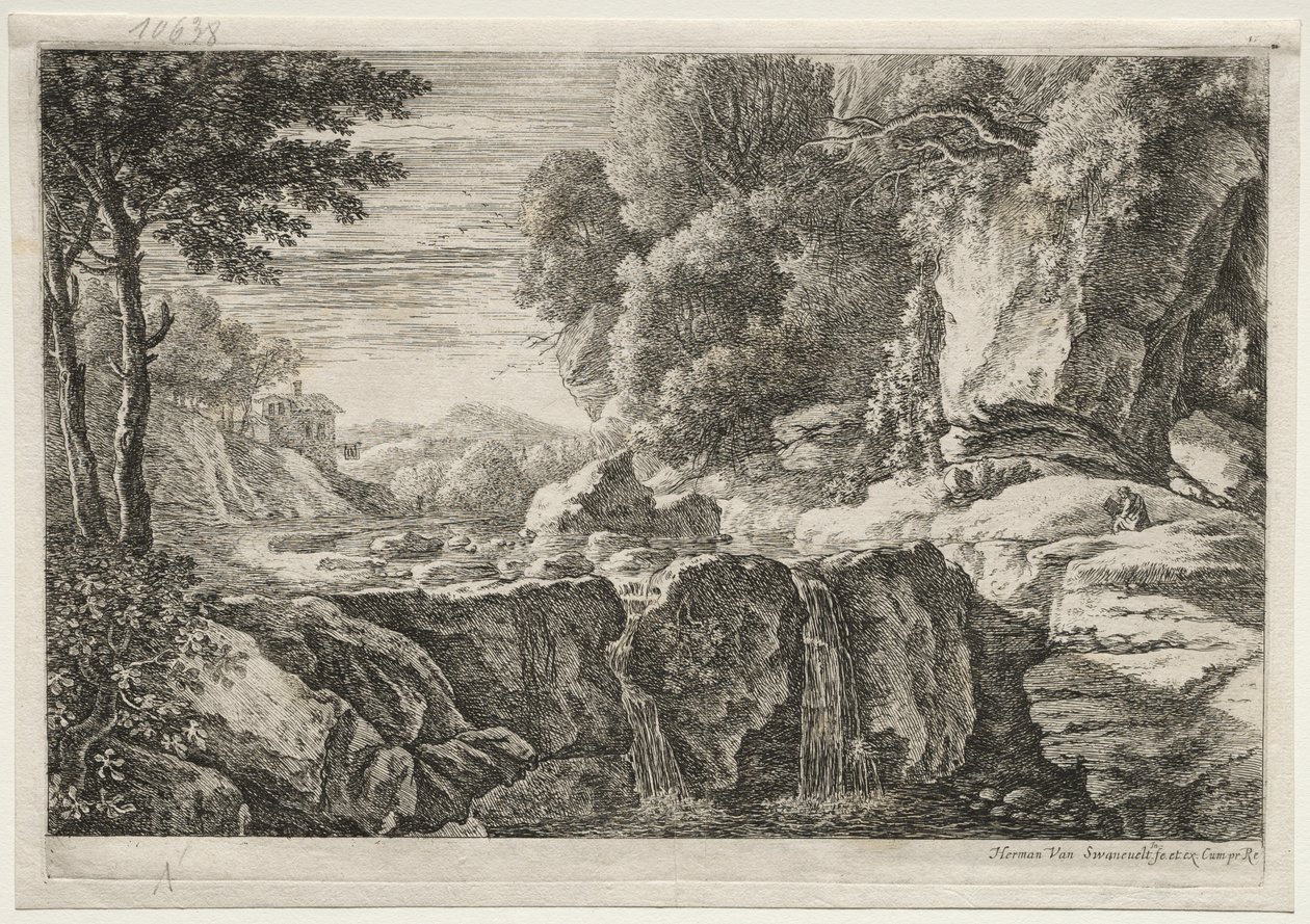 Vier Landschaften: Der kleine Wasserfall von Herman van Swanevelt