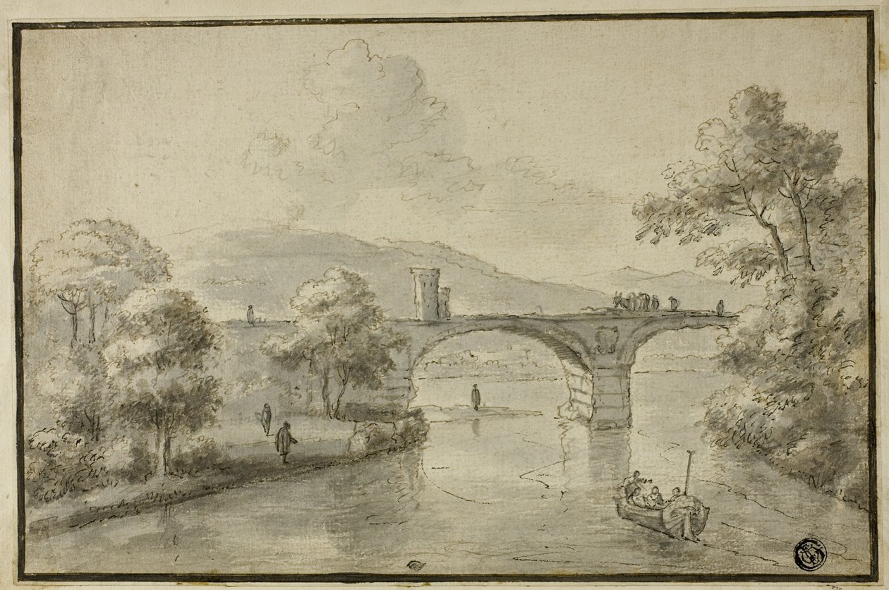 Fluss mit Bogenbrücke und Boot von Herman van Swanevelt