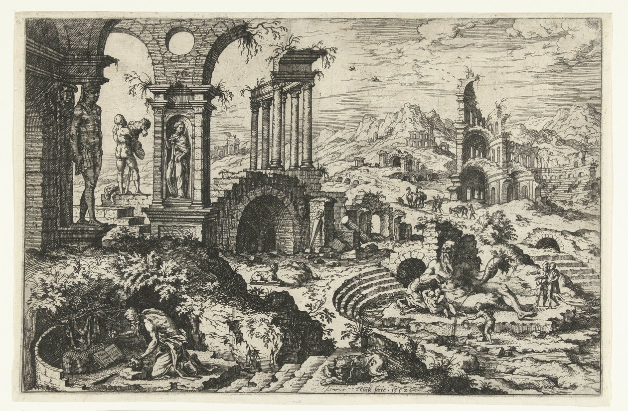 Ruinenlandschaft mit dem reuigen Hieronymus von Hieronymus Cock