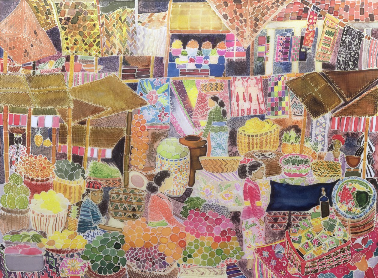 Ubud-Markt, Bali, 2002 (farbige Tinte auf Seide) von Hilary Simon