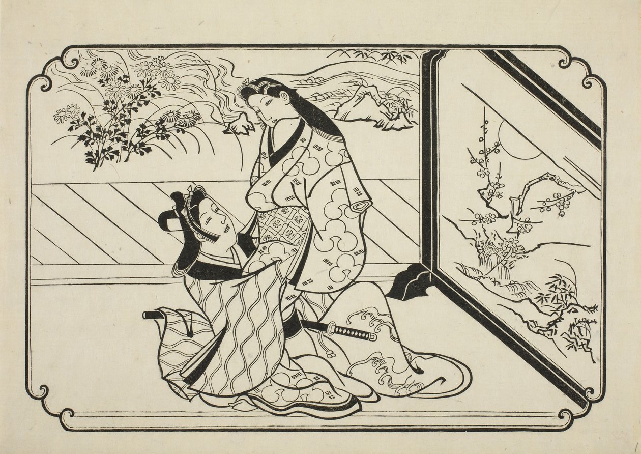 Hinter dem Bildschirm, ca. 1673-81 von Hishikawa Moronobu