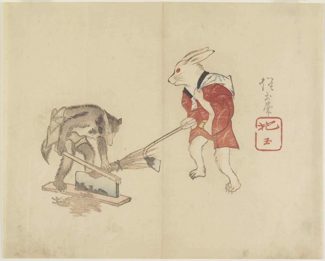 (Kaninchen und Waschbär hacken Stroh), ca. 1830 von Hogyoku