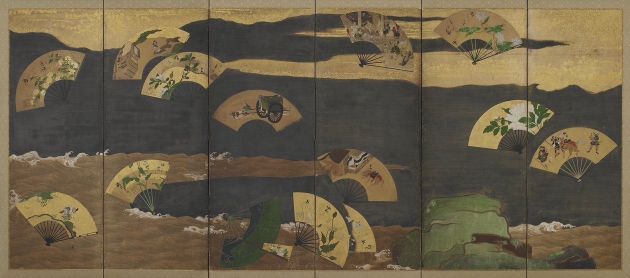Fächer und Wolken über Felsen und Wasser, Edo-Periode von Hon