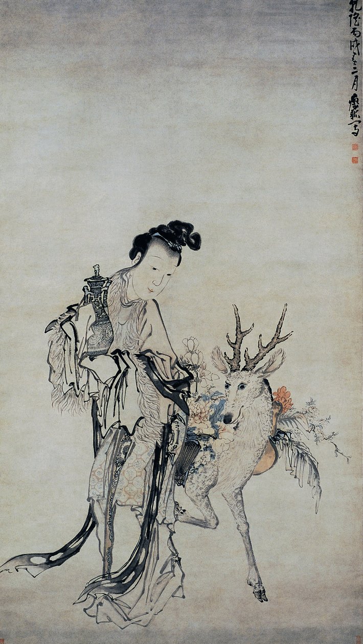 Ma-gu hält eine Vase mit einem Hirsch von Huang Shen
