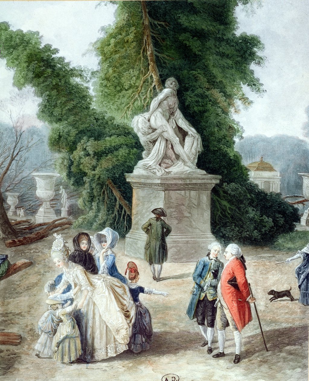 Ludwig XVI. (1754-1793) und Marie-Antoinette (1755-1793) am Eingang des Tapis Vert in den Gärten von Versailles, 1775 (Farbgravur) (Detail) von Hubert Robert