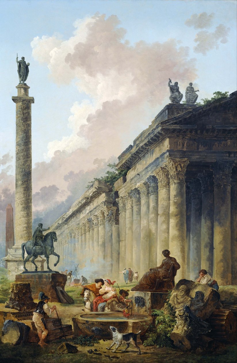 Reiterstatue von Marcus Aurelius, Trajanssäule, Tempelansicht in einer imaginären römischen Landschaft von Hubert Robert