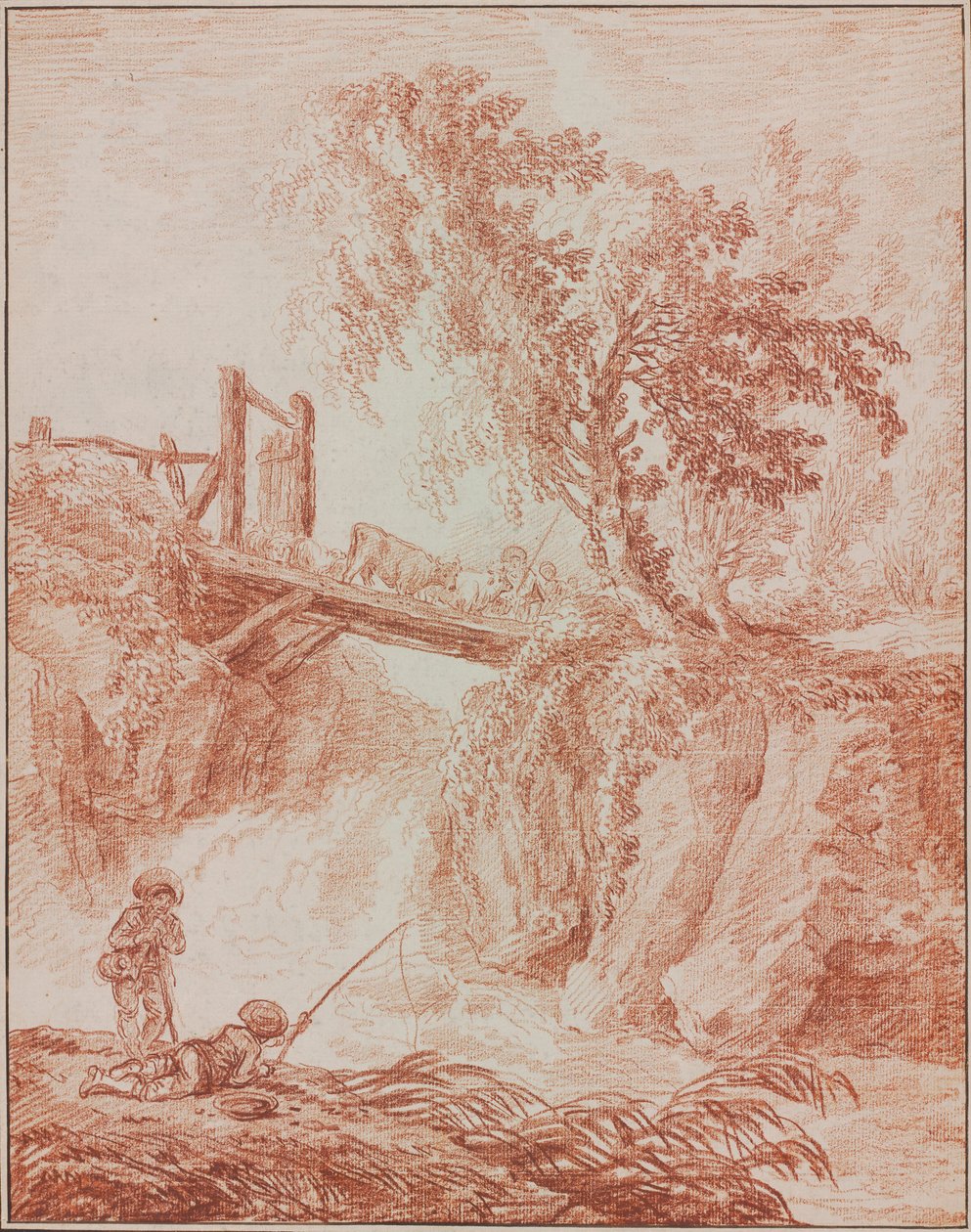 Hirten überqueren einen Wasserfall von Hubert Robert