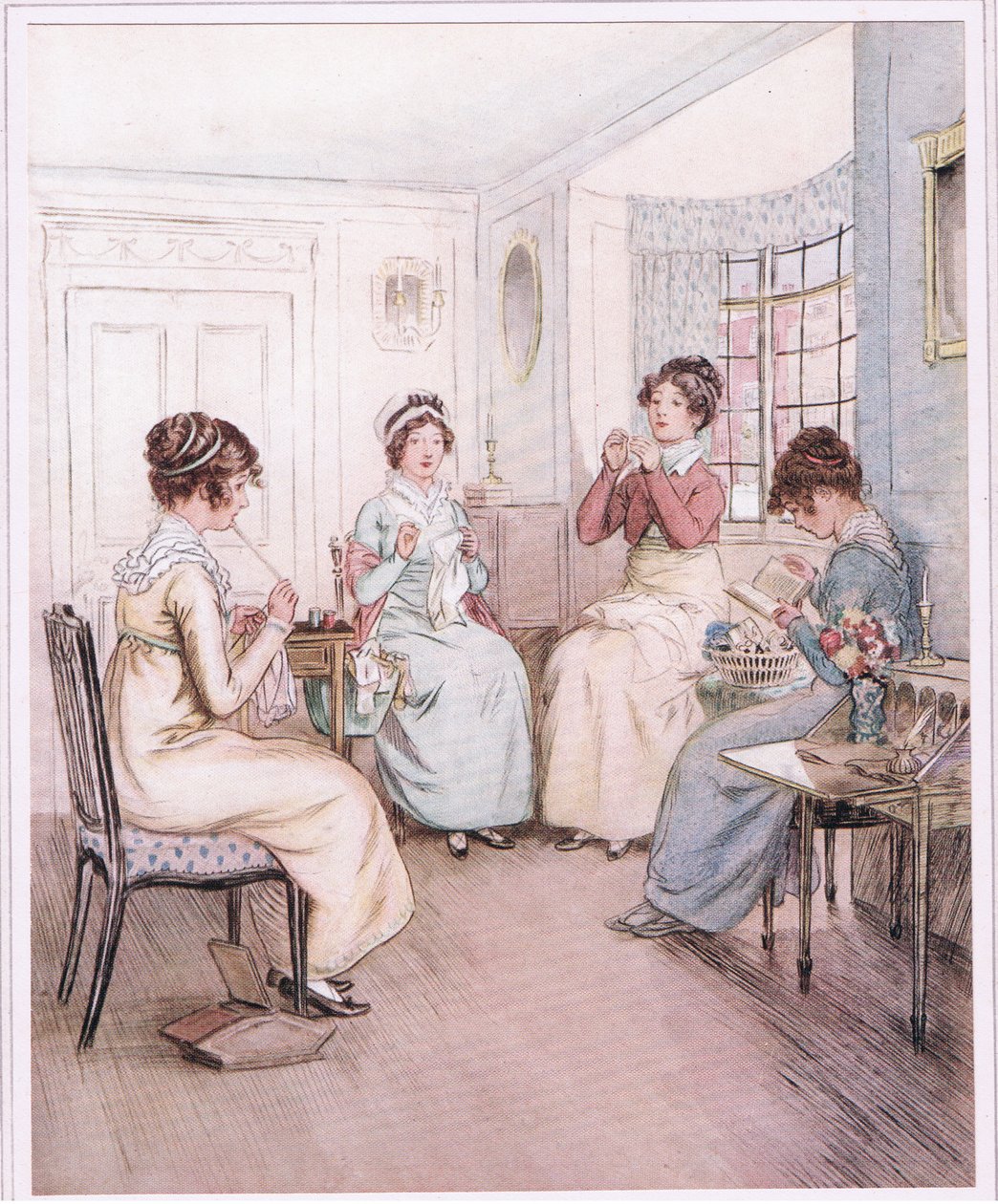 Miss Fanny liest laut aus dem Bibliotheksbuch vor, während andere nähen oder stricken von Hugh Thomson