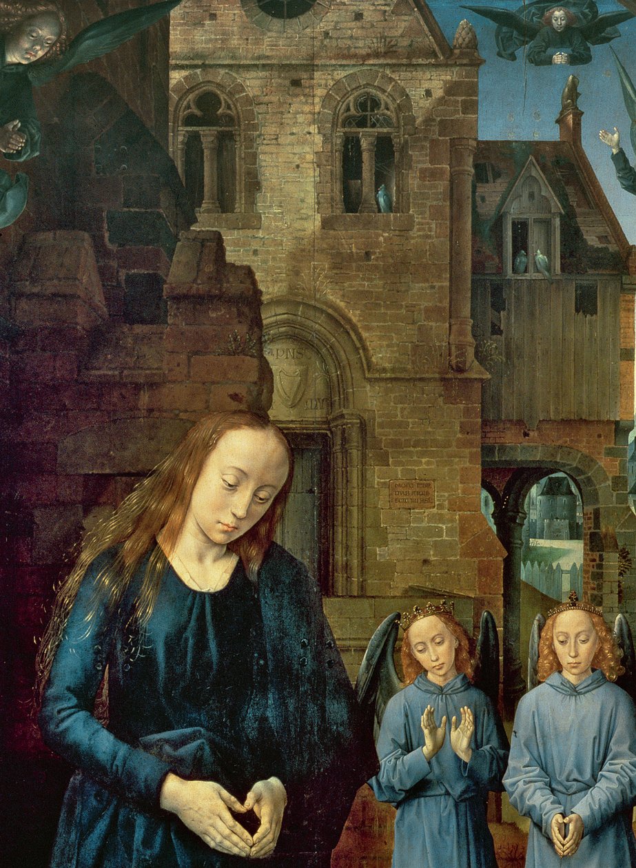 Christuskind von Engeln angebetet, Zentrales Panel des Portinari-Altars, ca. 1479 (Detail) von Hugo van der Goes