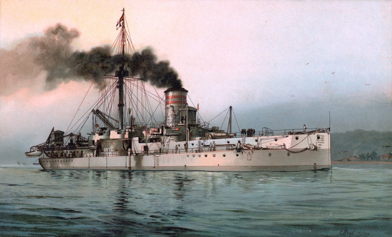 Lithografie des deutschen Panzerschiffs SMS Württemberg von Hugo Graf