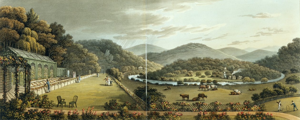 Gesamtansicht von den Süd- und Ostfronten des Cottage in Endsleigh, Devon, aus 