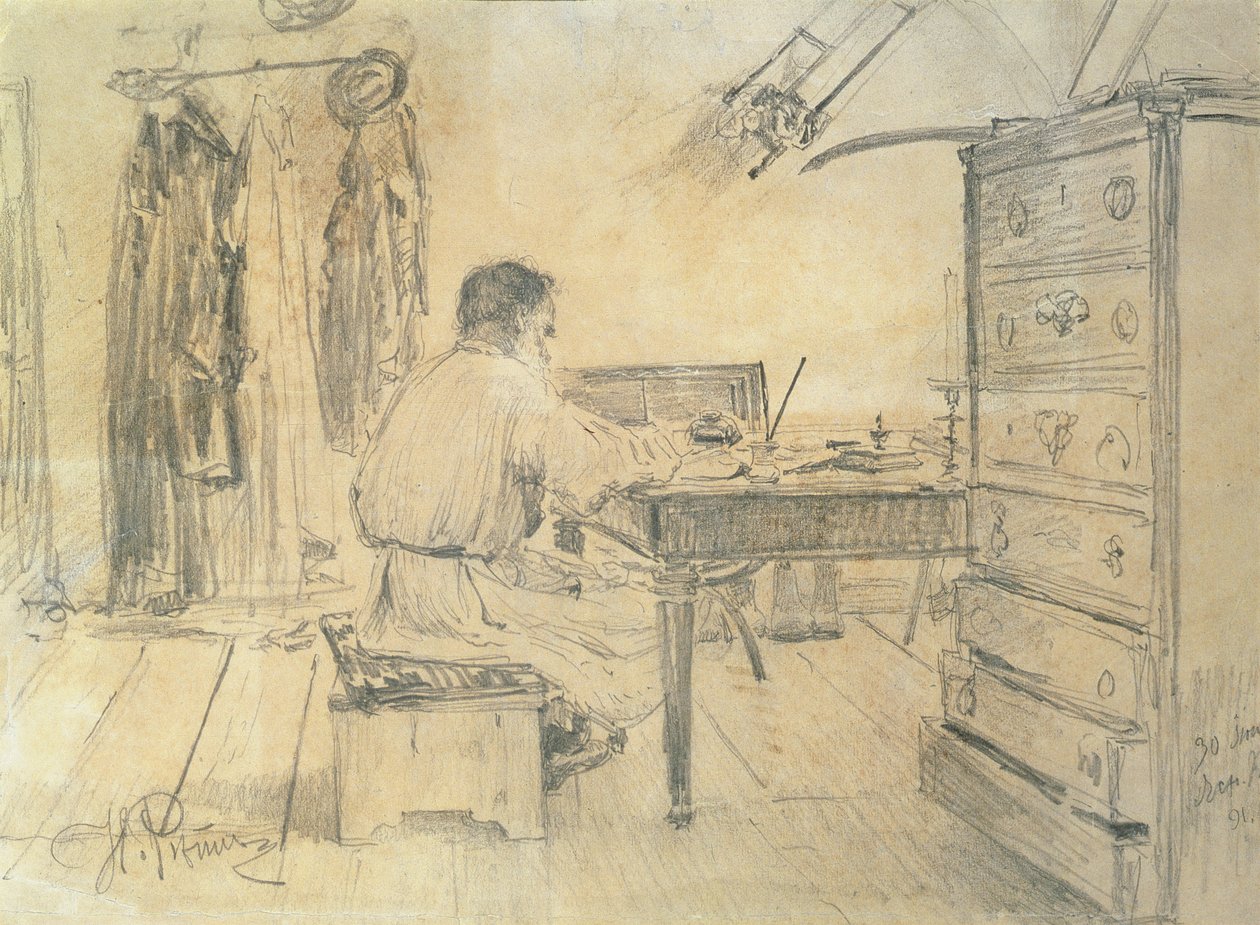 Leo Tolstoi (1818-1910) in seinem Arbeitszimmer, 1891 von Ilya Efimovich Repin