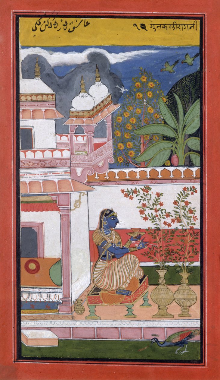 Eine Dame pflückt Blumen aus einem Topf, Bundi, Rajasthan, Rajput-Schule, ca. 1680 von Indian School