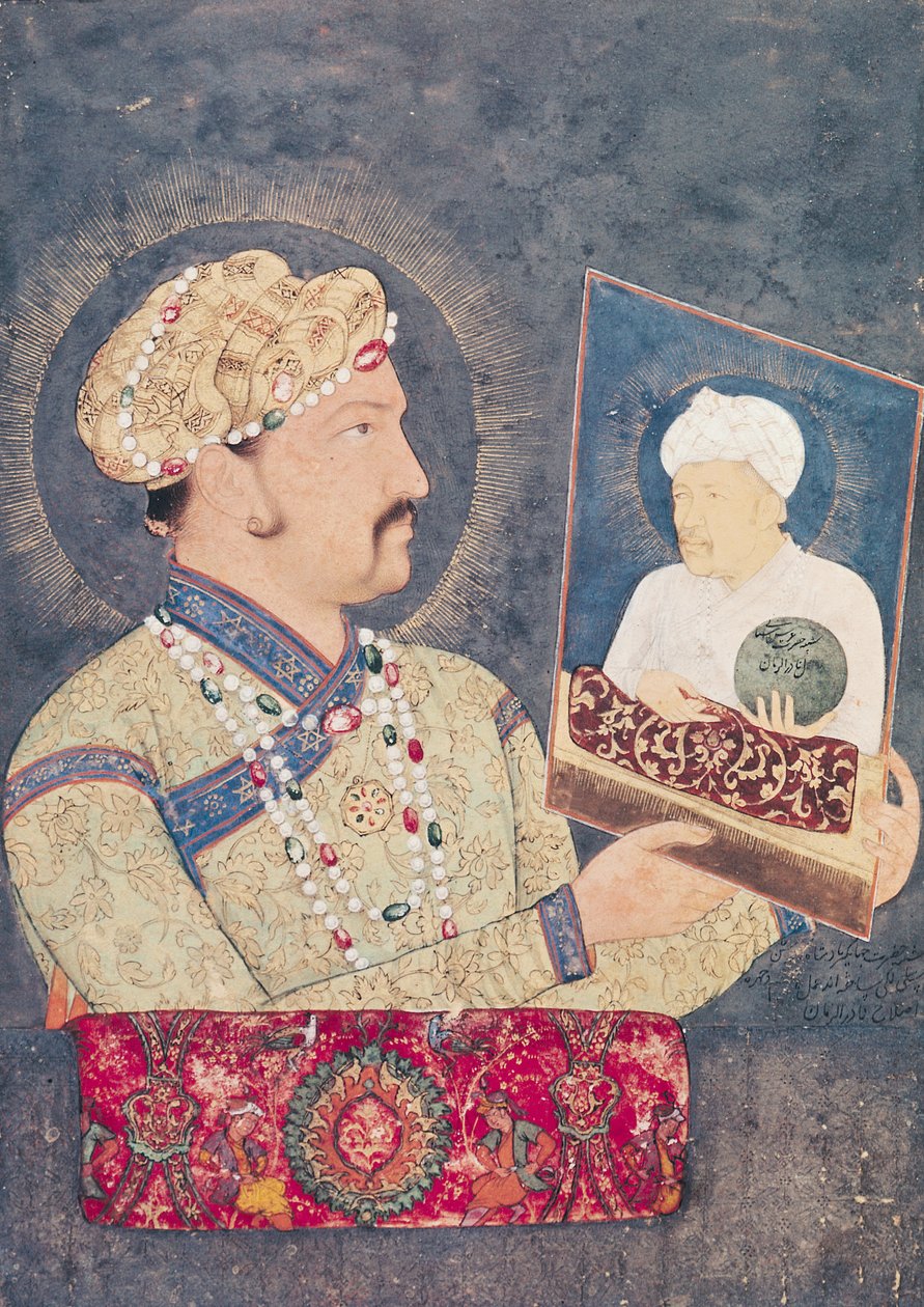 Kaiser Jahangir (1569-1627) hält ein Porträt von Kaiser Akbar (1542-1605) von Indian School