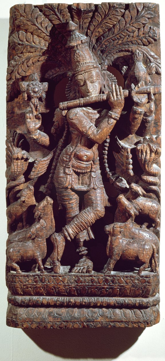 Krishna spielt Flöte (Holz) von Indian School