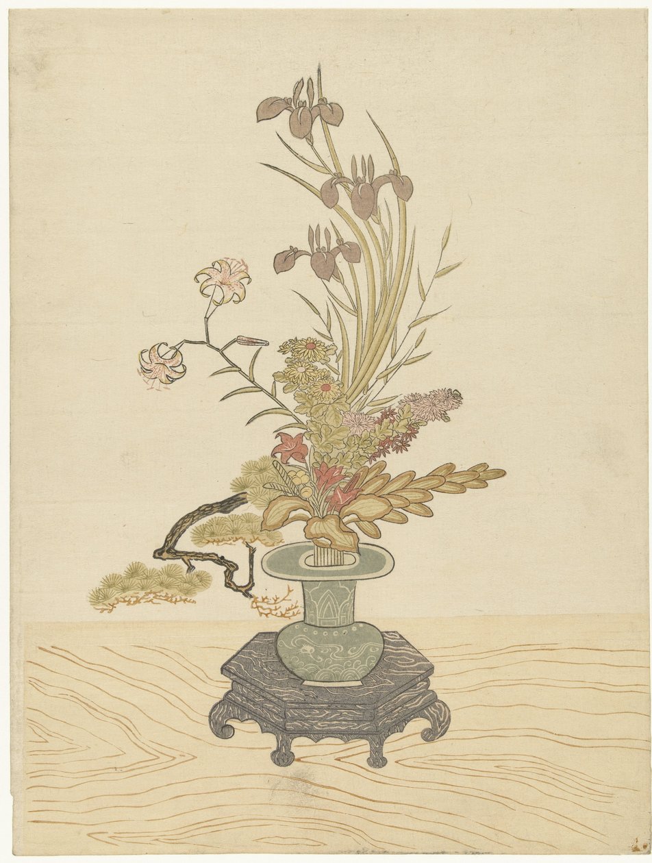 Ikebana-Blumenarrangement in grüner Vase von Ippitsusai Bunchô (manner of)