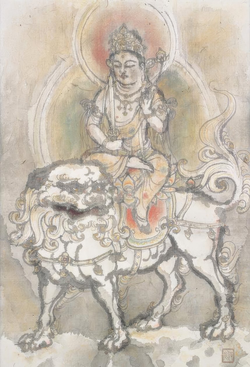 Manjushri auf einem Löwen sitzend von Irie Hako