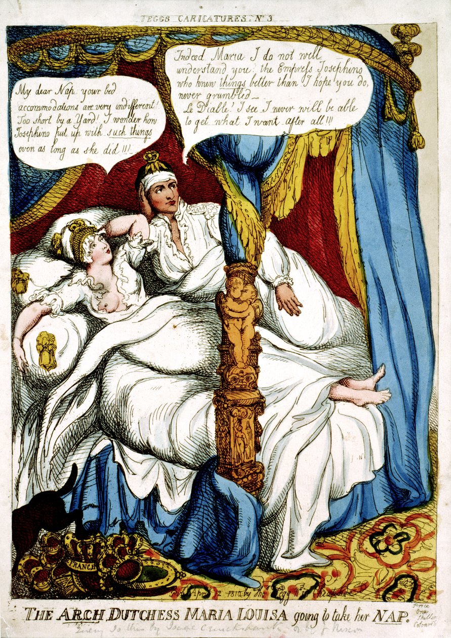 Die Erzherzogin Maria Louisa geht schlafen, Karikatur zur Heirat von Napoleon und Maria Louisa, veröffentlicht am 12. April 1810 von Isaac Cruikshank