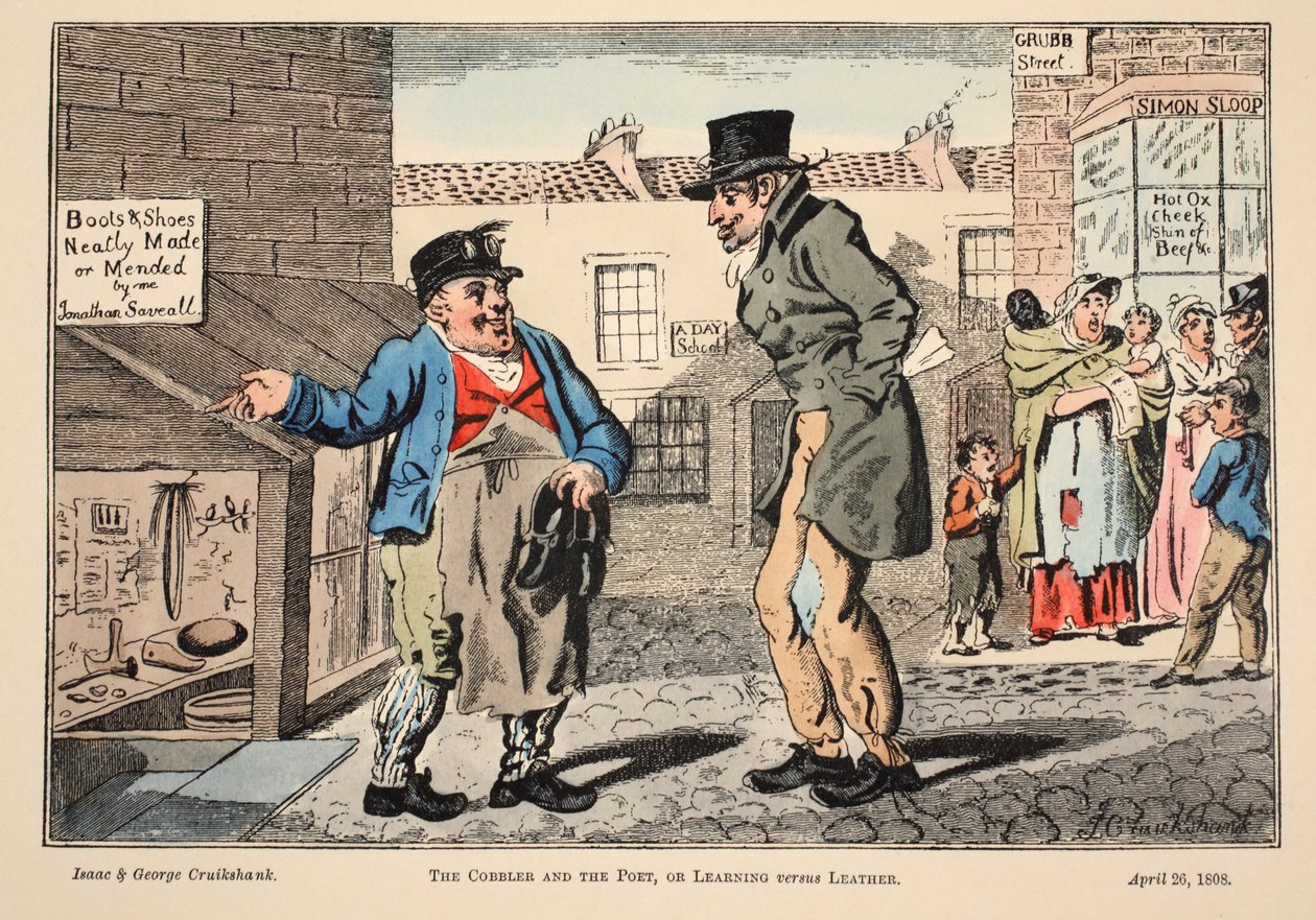 Der Schuster und der Dichter, oder Lernen vs. Leder, 1808 von Isaac, Robert and George Cruikshank