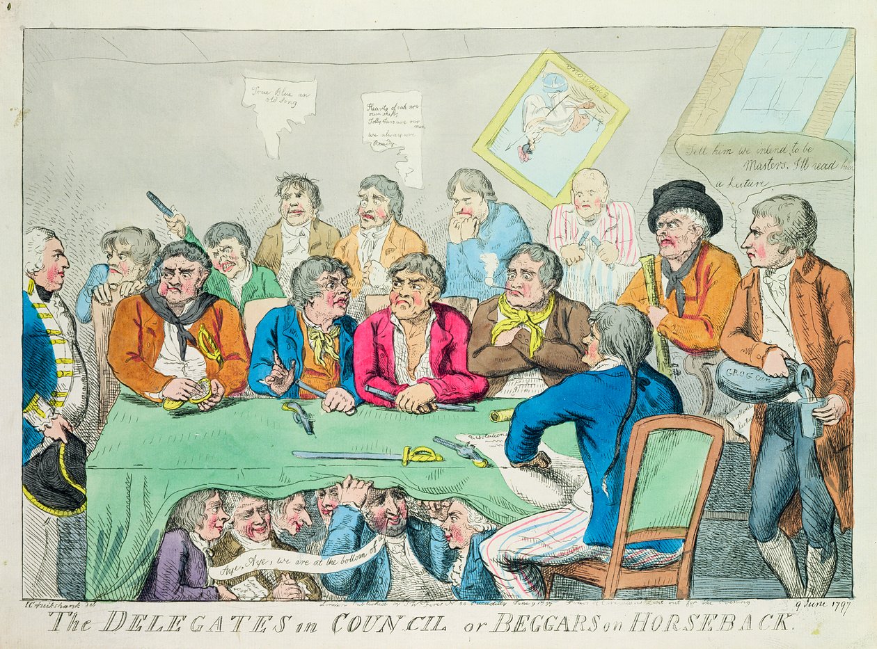 Die Delegierten im Rat oder Bettler zu Pferd, 1797 (Farbradierung) von Isaac Robert Cruikshank