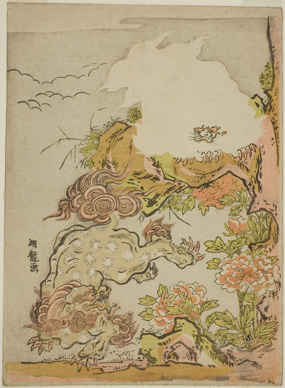 Chinesische Löwen und Pfingstrosen von Isoda Koryusai