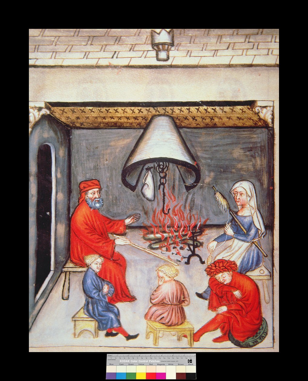 Gespräch vor dem Feuer, Illustration aus Tacuinum Sanitatis Codex Vindobonensis von Italian School