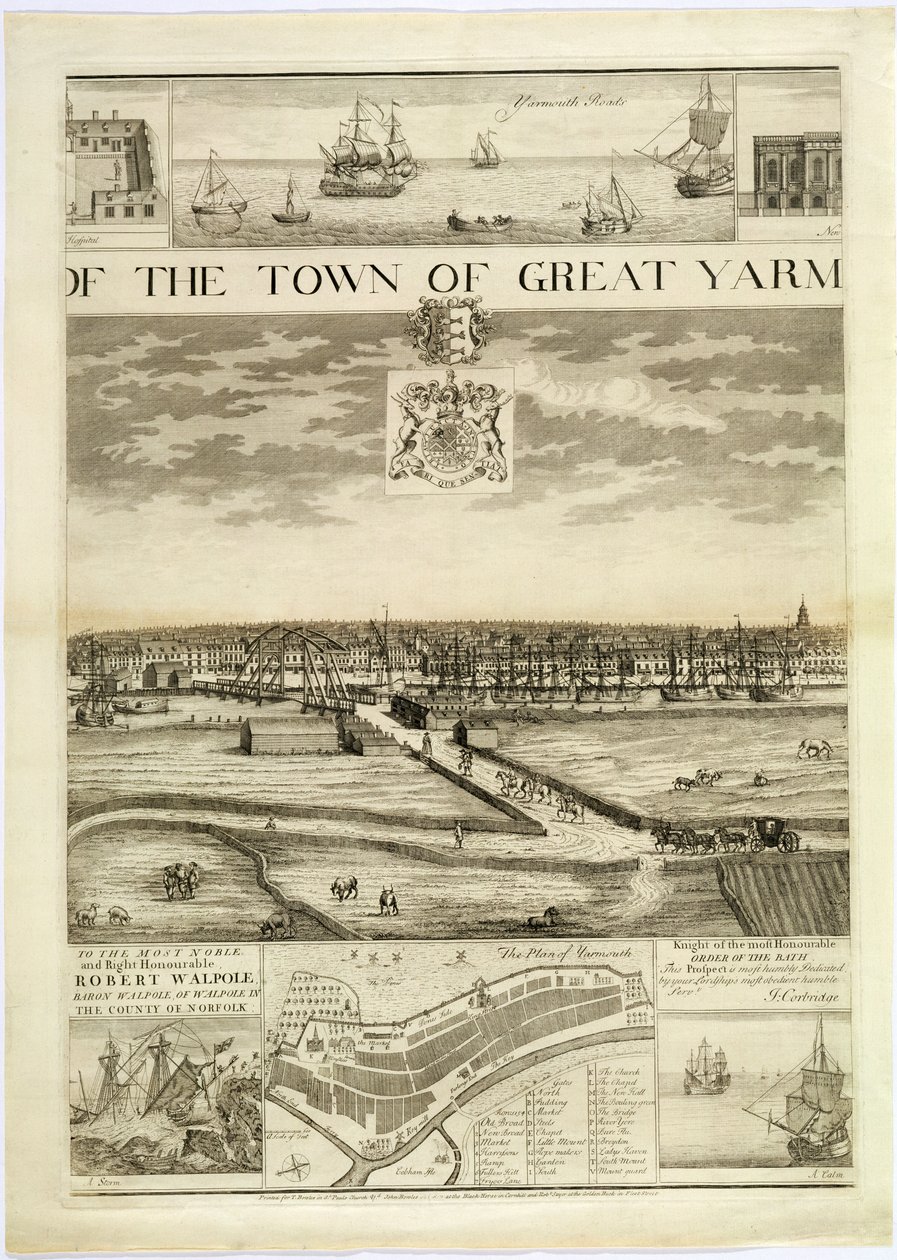 Die Westansicht der Stadt Great Yarmouth in Norfolk, graviert von John Harris von J. Corbridge
