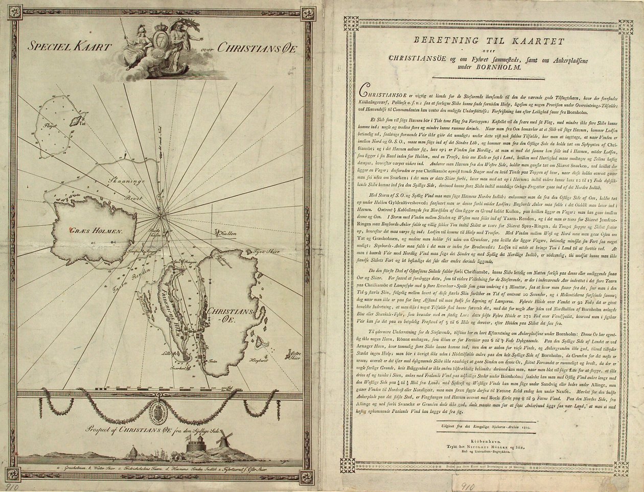 Karte von Christiansø mit Textseite von J.F. Clemens