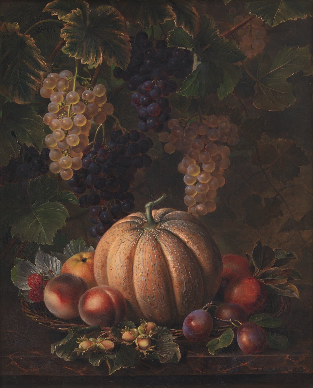 Verschiedene Früchte, darunter Melone und Trauben von J.L. Jensen