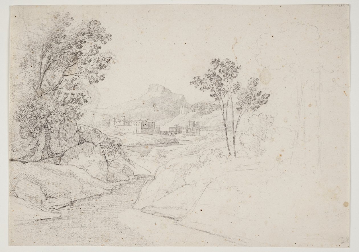 Landschaftsstudie mit Gebäuden am Wasserlauf. Italien von J.L. Lund