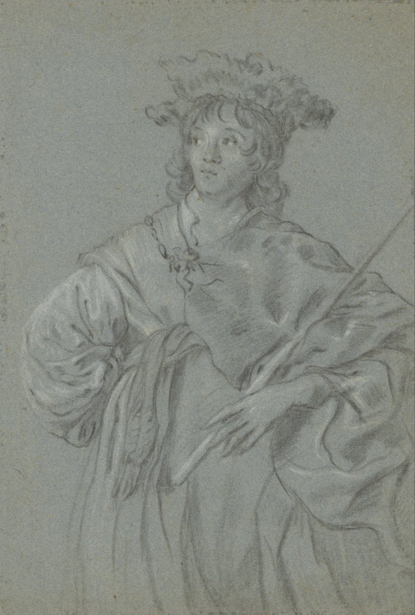 Ein junger Mann mit Pelzhut, der einen Stab hält (recto); Studie des Kopfes eines Mannes mit weißem Kragen (Detail) von Jacob Adriaensz Backer