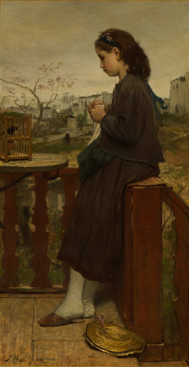Mädchen strickt auf einem Balkon, Montmartre von Jacob Maris