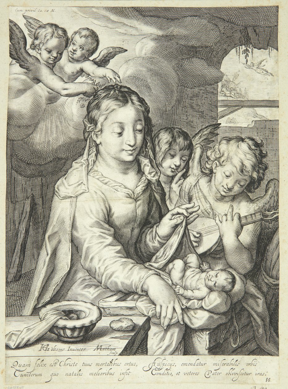 Jungfrau Maria mit dem Kind umgeben von Engeln von Jacob Matham