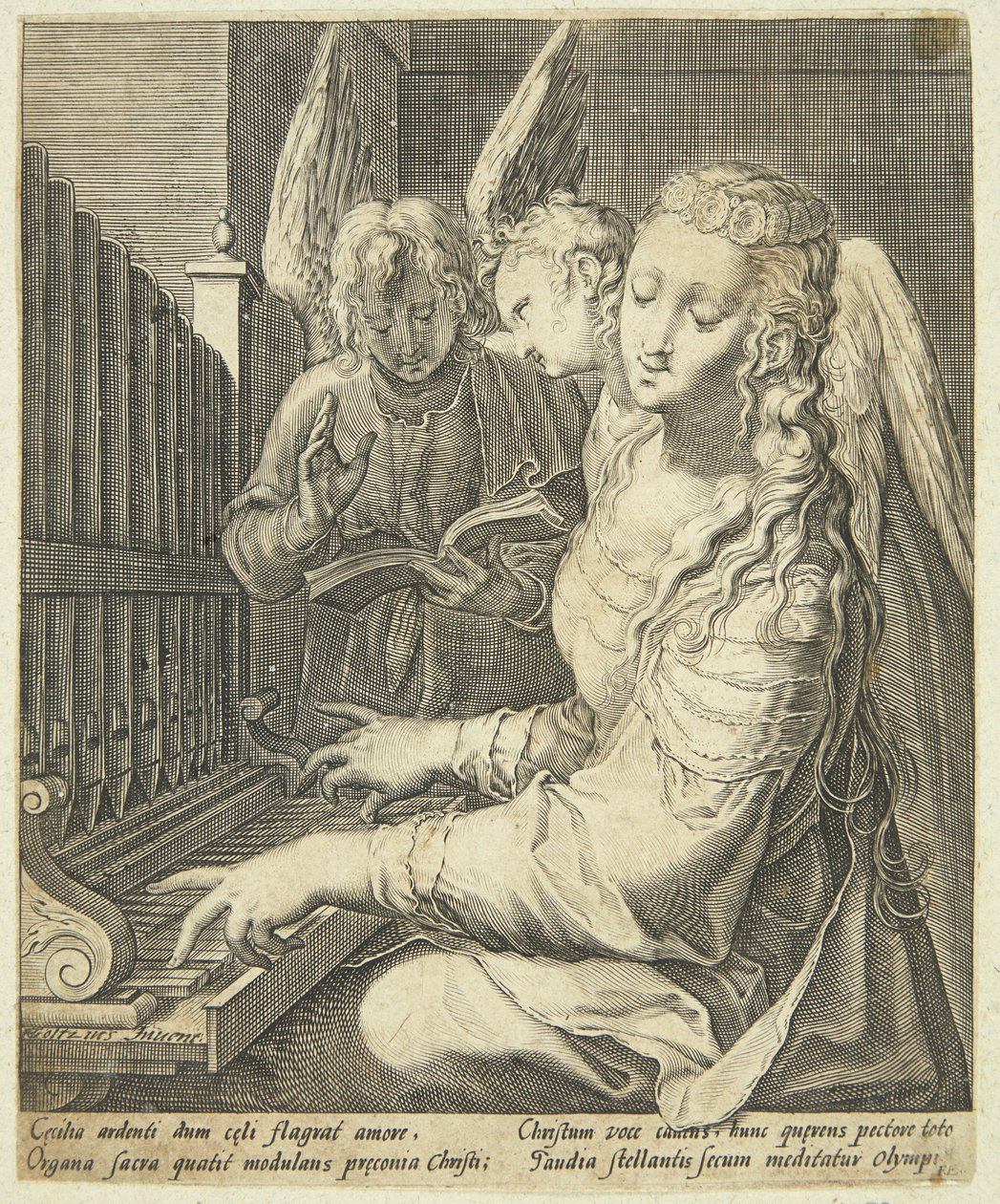 Heilige Cäcilia spielt Orgel von Jacob Matham