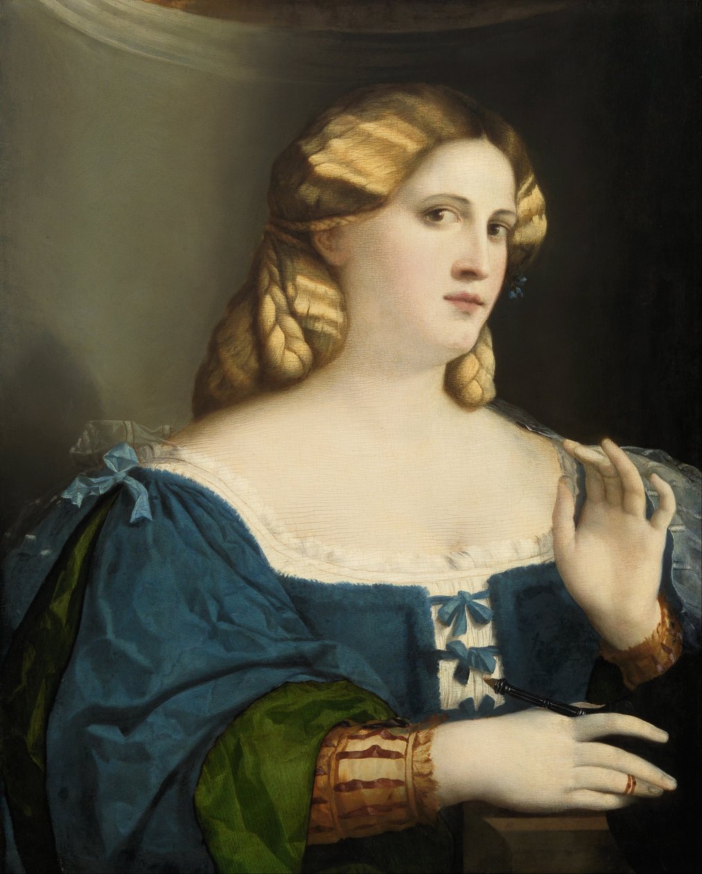 Junge Frau in einem blauen Kleid, mit Fächer von Jacopo Negretti