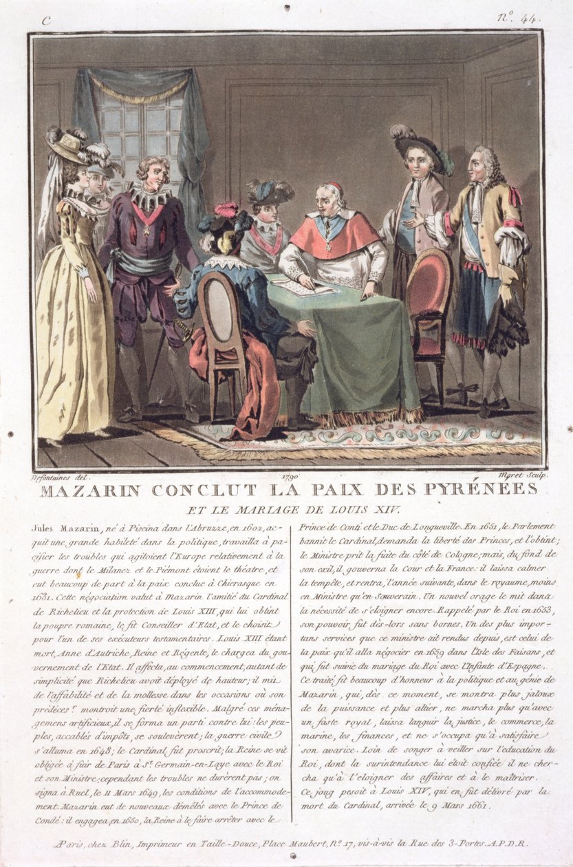 Kardinal Mazarin (1602-61) schließt den Frieden der Pyrenäen, 1659, graviert von Jean Baptiste Morret (fl.1790-1820), 1790 von Jacques Francois Joseph Swebach