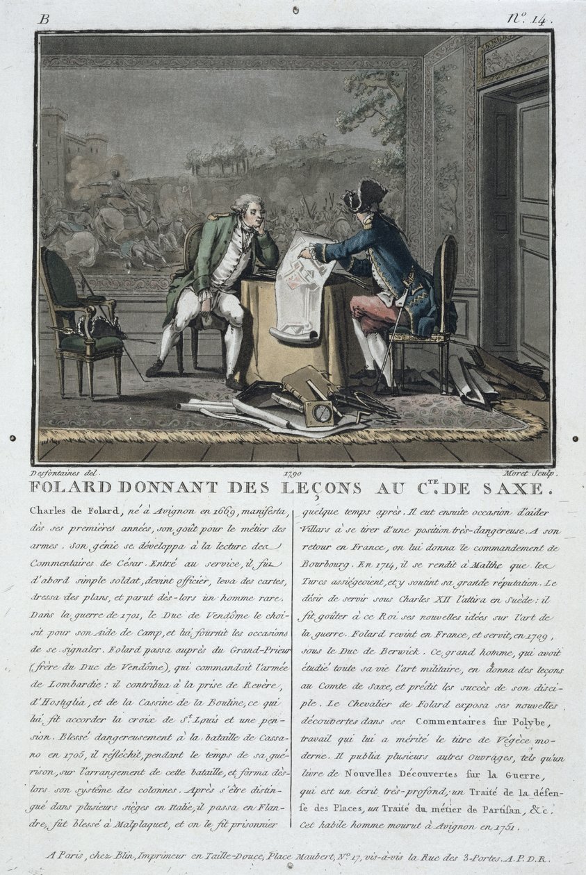 Charles, Chevalier de Folard (1699-1751) unterrichtet den Grafen von Sachsen (1696-1750), graviert von Jean Baptiste Morret (fl.1790-1820), 1790 von Jacques Francois Joseph Swebach