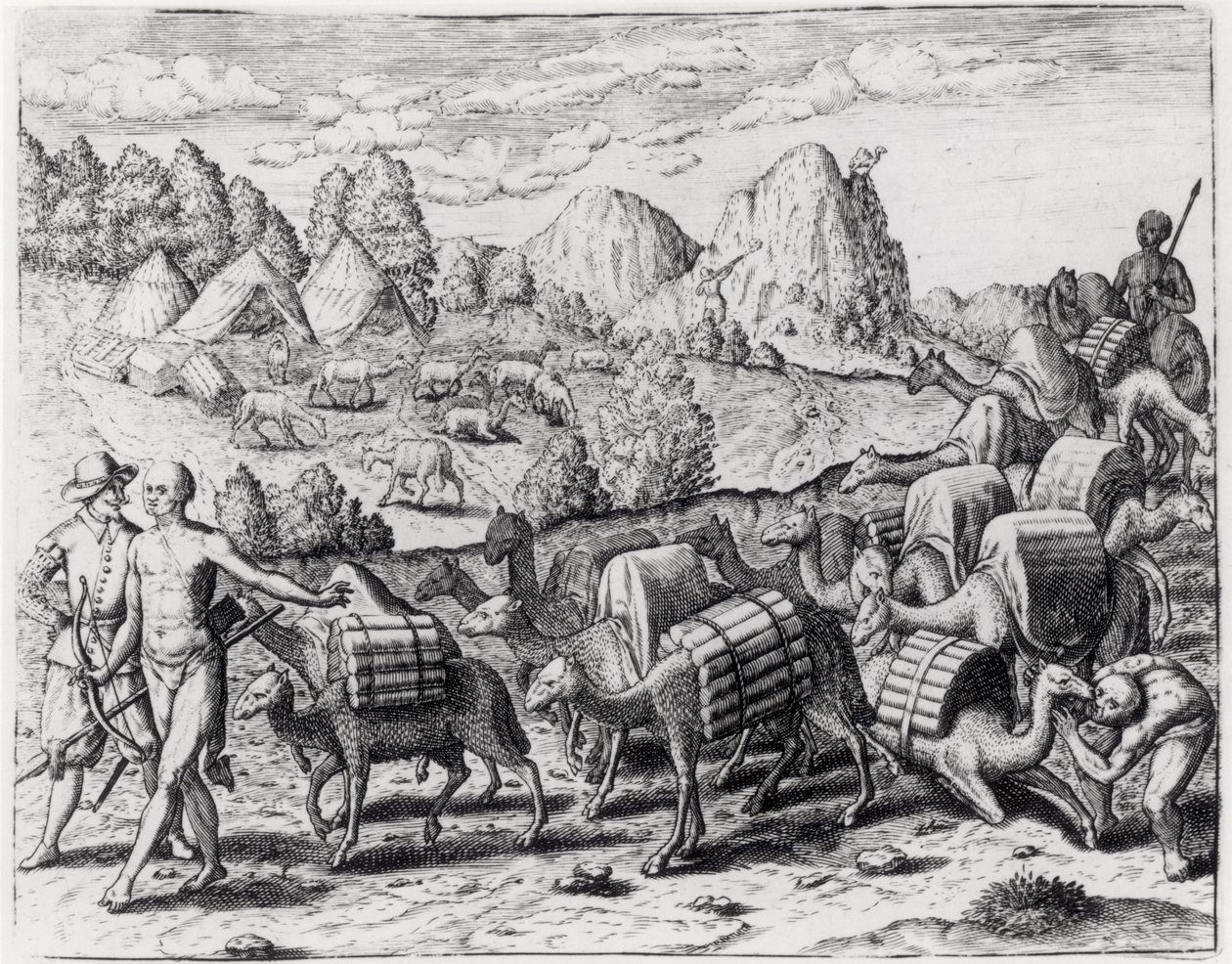 Packzug von Lamas beladen mit Silber aus den Potosi-Minen in Peru, graviert von Theodore de Bry (1528-98), aus 