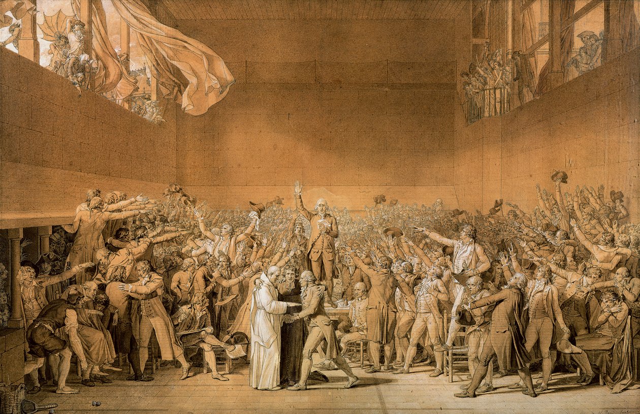 Der Ballhausschwur, 20. Juni 1789, 1791 (Feder mit Bister gewaschen mit weißen Hervorhebungen auf Papier) von Jacques Louis David