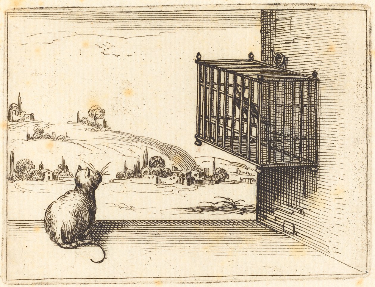 Katze beobachtet eingesperrten Vogel, 1628 von Jacques Callot